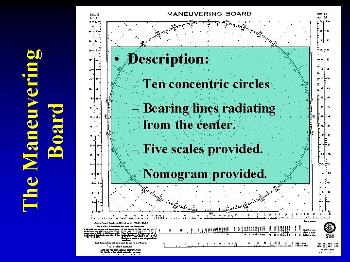 The Maneuvering Board • Description: – Ten concentric circles – Bearing lines radiating from