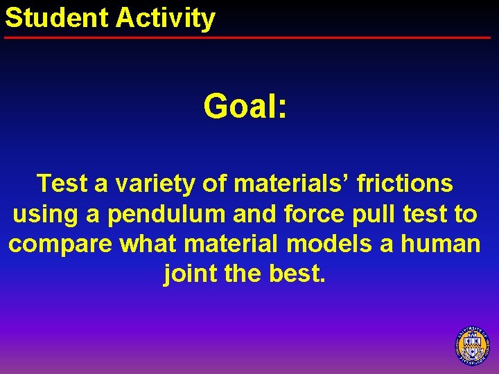 Student Activity Goal: Test a variety of materials’ frictions using a pendulum and force