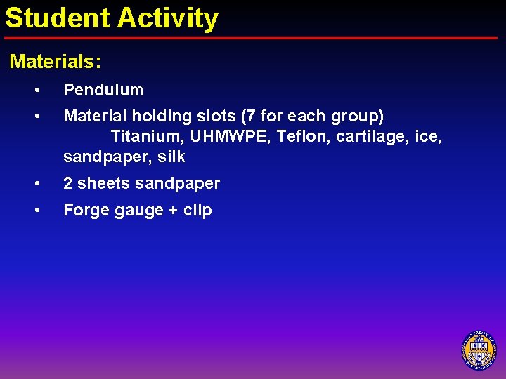 Student Activity Materials: • Pendulum • Material holding slots (7 for each group) Titanium,