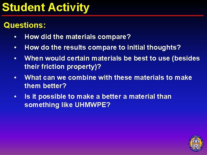 Student Activity Questions: • How did the materials compare? • How do the results