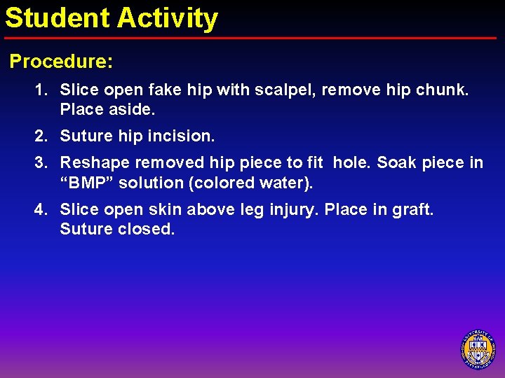 Student Activity Procedure: 1. Slice open fake hip with scalpel, remove hip chunk. Place