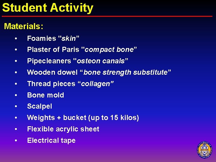 Student Activity Materials: • Foamies "skin” • Plaster of Paris "compact bone” • Pipecleaners