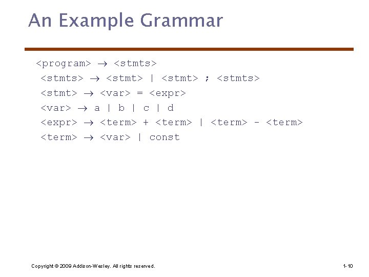 An Example Grammar <program> <stmts> <stmt> | <stmt> ; <stmts> <stmt> <var> = <expr>