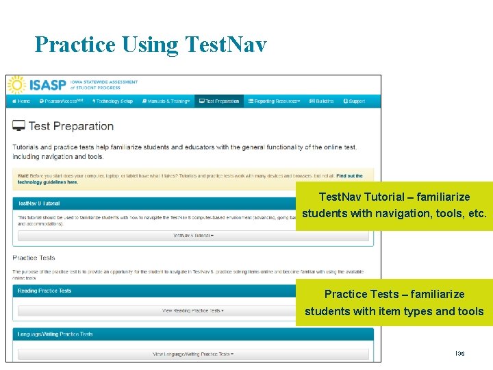 Practice Using Test. Nav Tutorial – familiarize students with navigation, tools, etc. Practice Tests