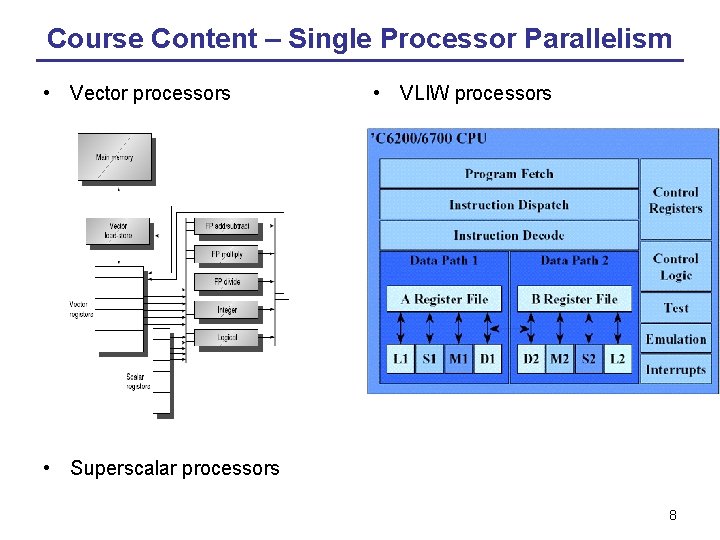 Course Content – Single Processor Parallelism • Vector processors • VLIW processors • Superscalar