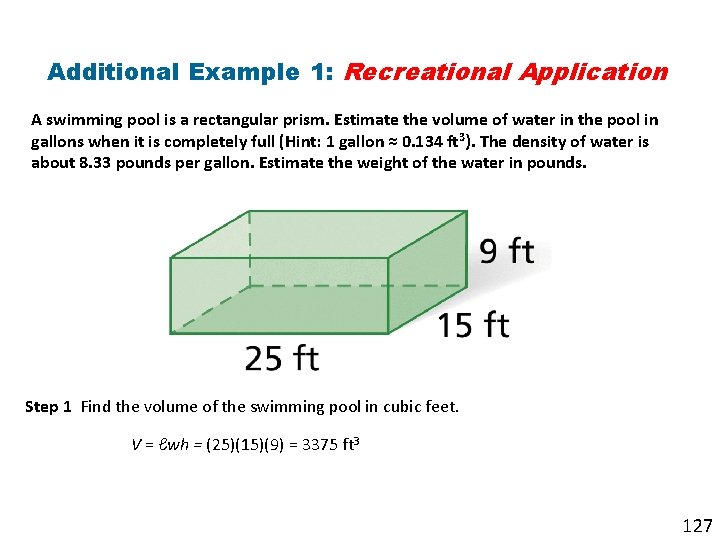 Additional Example 1: Recreational Application A swimming pool is a rectangular prism. Estimate the