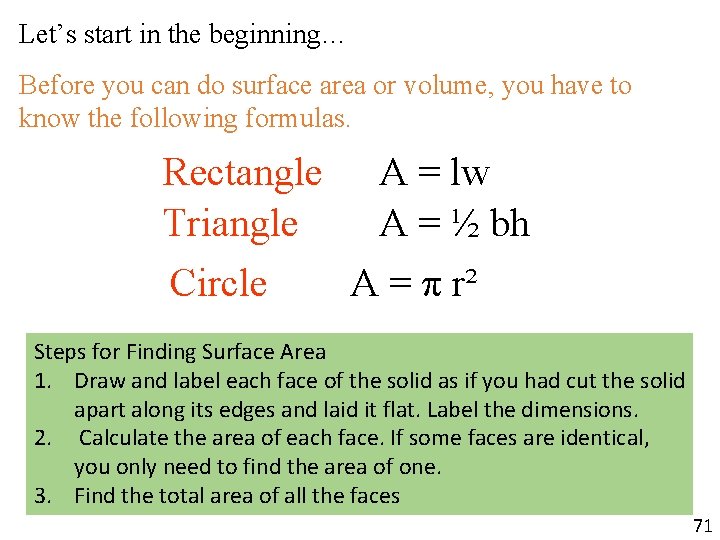 Let’s start in the beginning… Before you can do surface area or volume, you