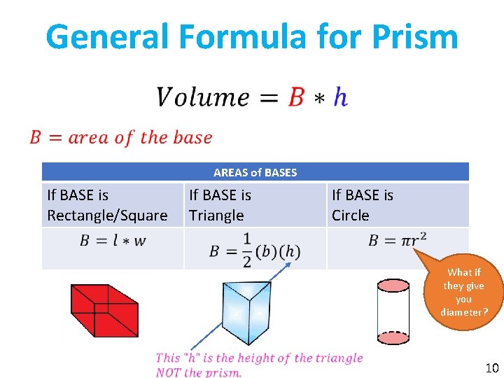General Formula for Prism • AREAS of BASES If BASE is Rectangle/Square If BASE