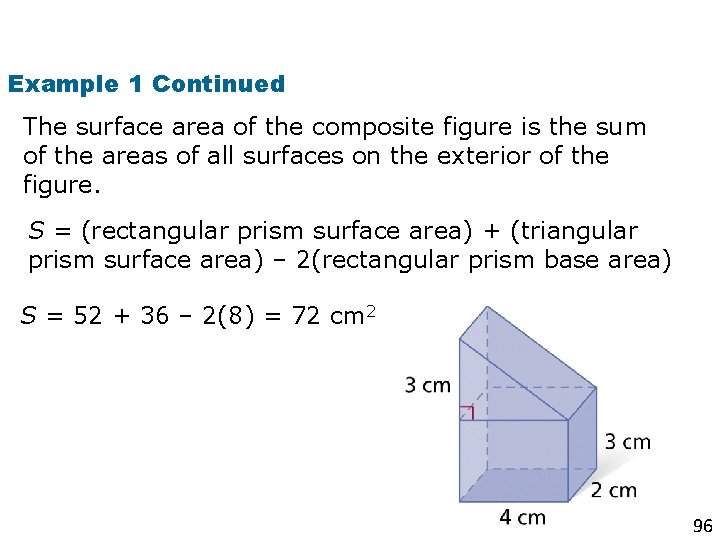 Example 1 Continued The surface area of the composite figure is the sum of