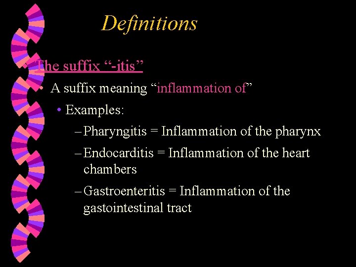 Definitions w The suffix “-itis” • A suffix meaning “inflammation of” • Examples: –