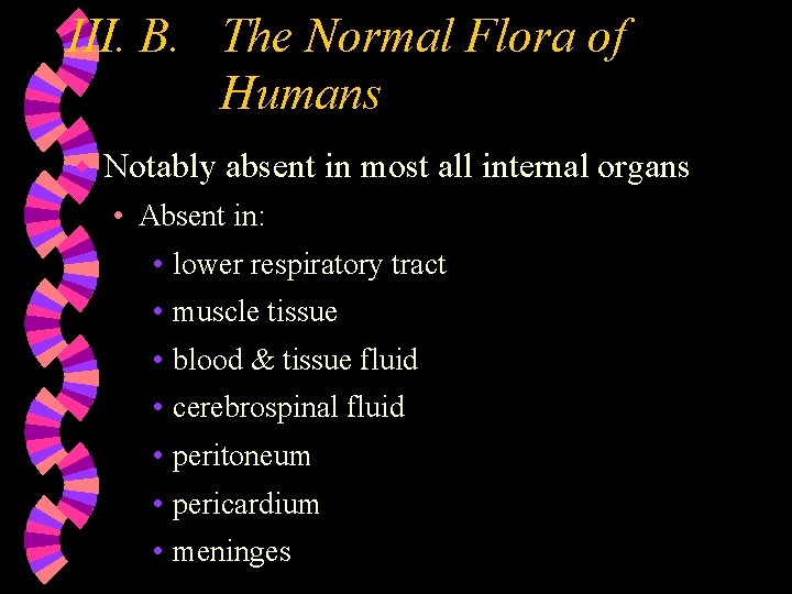 III. B. The Normal Flora of Humans w Notably absent in most all internal