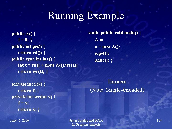 Running Example public A() { f = 0; } public int get() { return