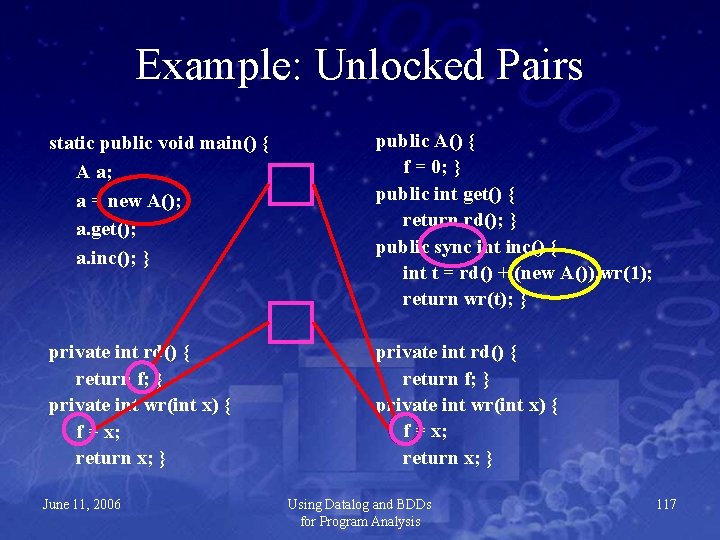 Example: Unlocked Pairs static public void main() { A a; a = new A();