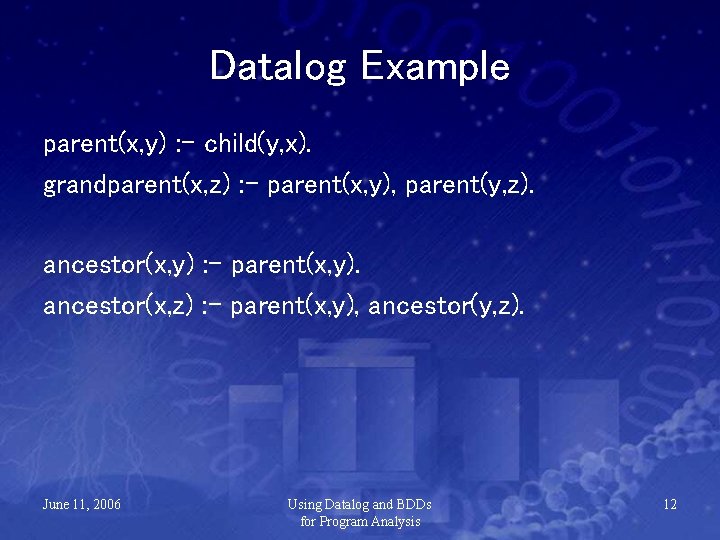 Datalog Example parent(x, y) : - child(y, x). grandparent(x, z) : - parent(x, y),