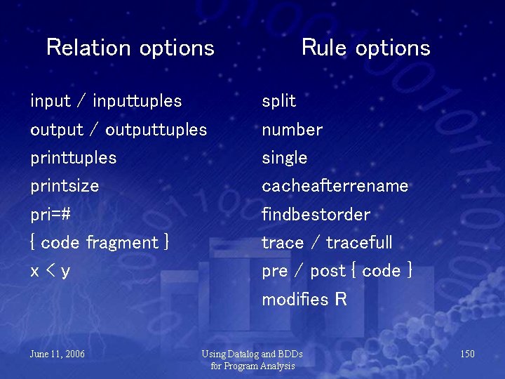 Relation options input / inputtuples output / outputtuples printsize pri=# { code fragment }