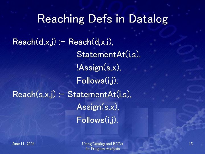 Reaching Defs in Datalog Reach(d, x, j) : - Reach(d, x, i), Statement. At(i,