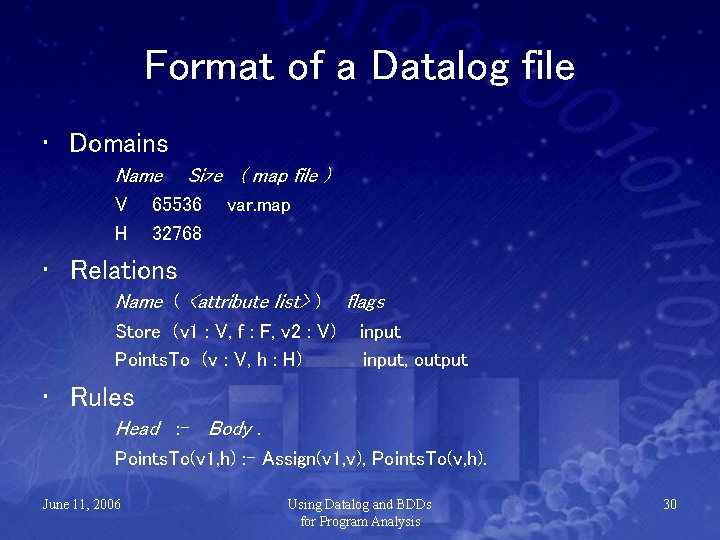 Format of a Datalog file • Domains Name V H Size ( map file