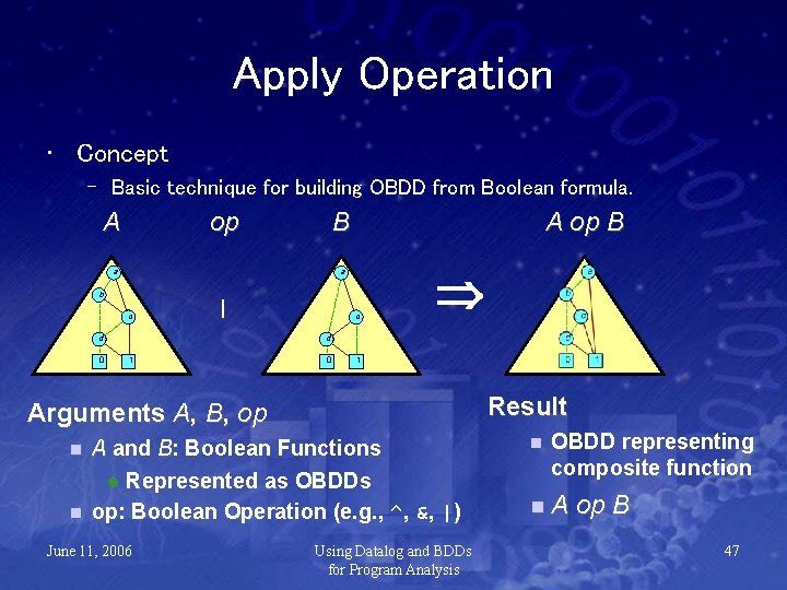 Apply Operation • Concept – Basic technique for building OBDD from Boolean formula. A