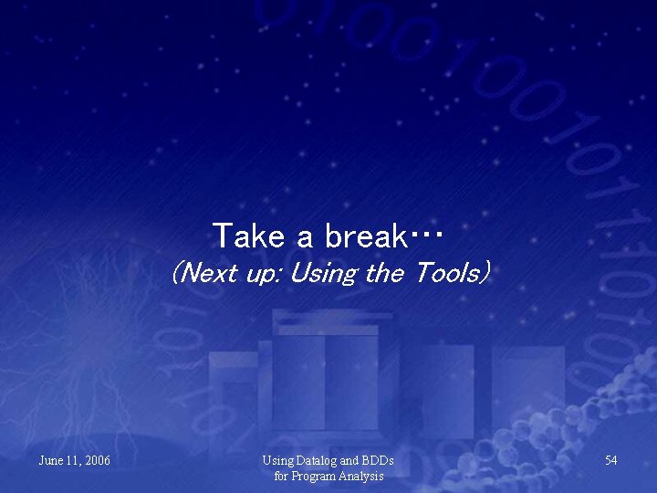 Take a break… (Next up: Using the Tools) June 11, 2006 Using Datalog and