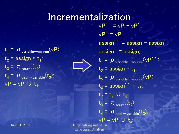 Incrementalization t 1 = ρvariable→source(v. P); t 2 = assign ⋈ t 1; t