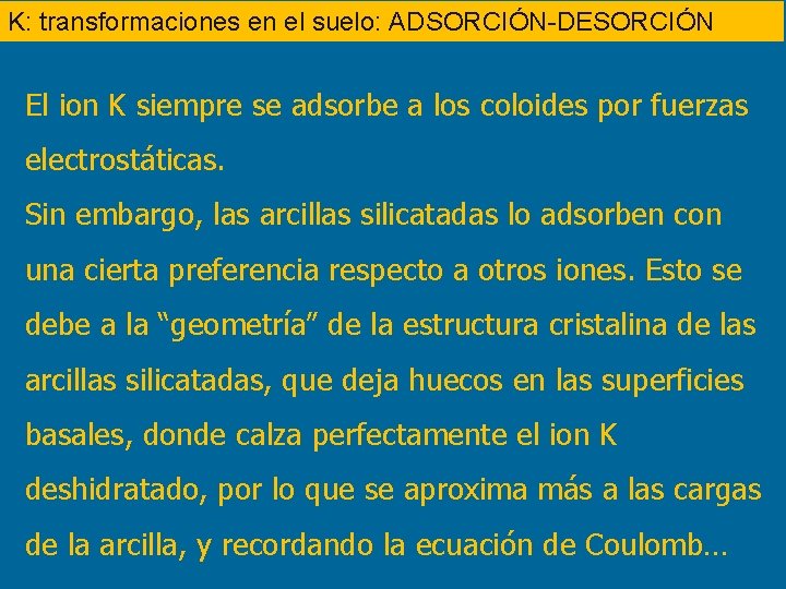 K: transformaciones en el suelo: ADSORCIÓN-DESORCIÓN El ion K siempre se adsorbe a los