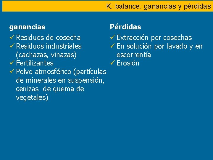 K: balance: ganancias y pérdidas ganancias Pérdidas ü Residuos de cosecha ü Extracción por