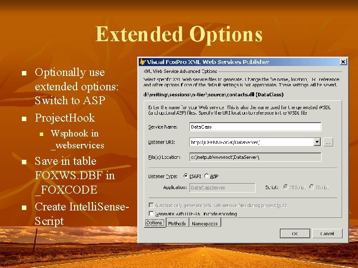 Extended Options n n Optionally use extended options: Switch to ASP Project. Hook n