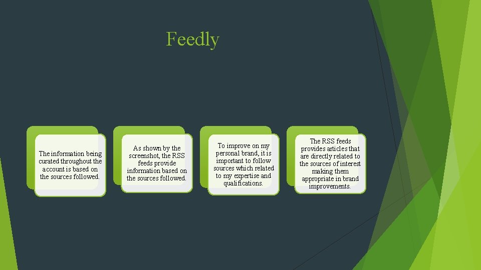 Feedly The information being curated throughout the account is based on the sources followed.