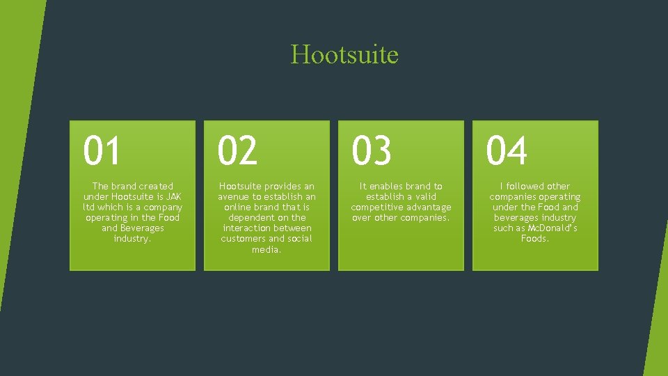 Hootsuite 01 02 03 The brand created under Hootsuite is JAK ltd which is