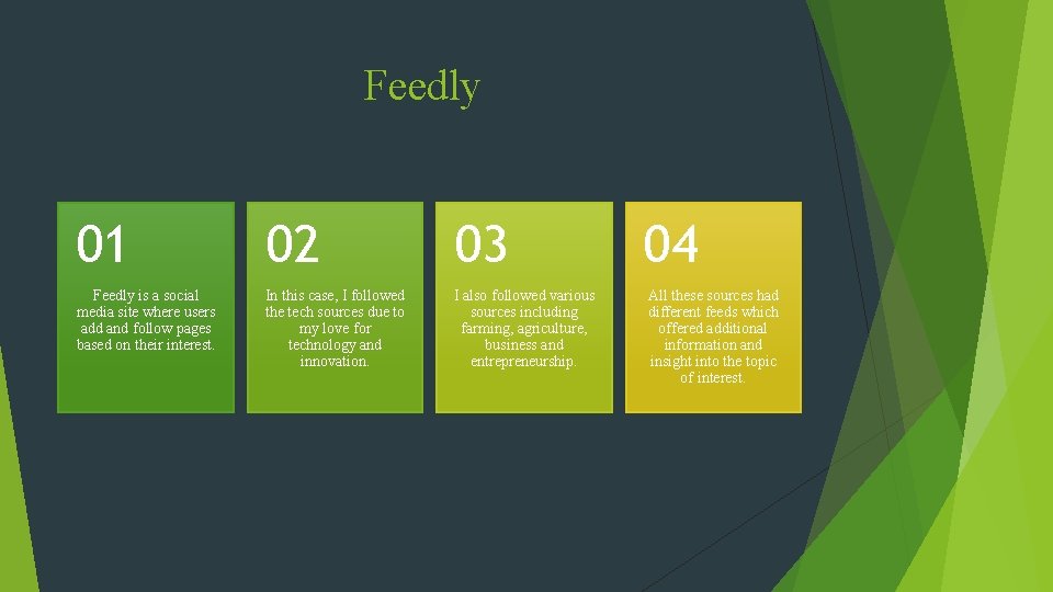 Feedly 01 02 03 Feedly is a social media site where users add and