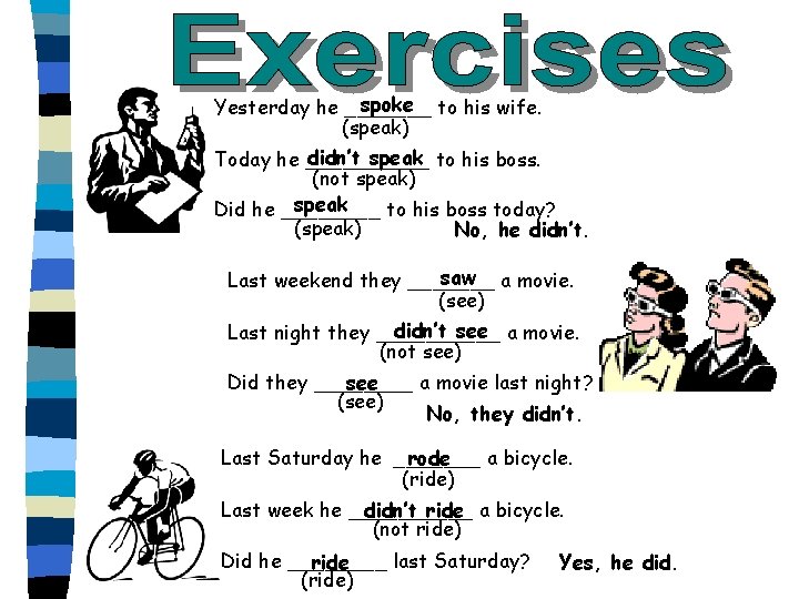 spoke to his wife. Yesterday he _______ (speak) didn’t speak to his boss. Today