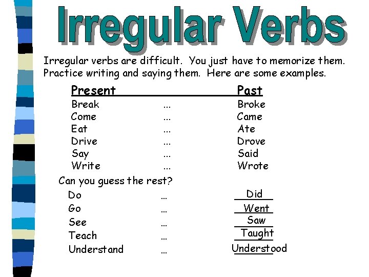 Irregular verbs are difficult. You just have to memorize them. Practice writing and saying