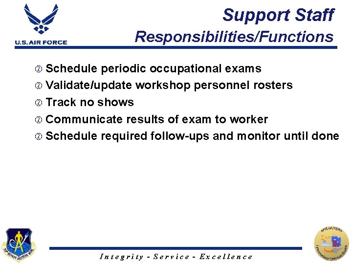 Support Staff Responsibilities/Functions Schedule periodic occupational exams Validate/update workshop personnel rosters Track no shows
