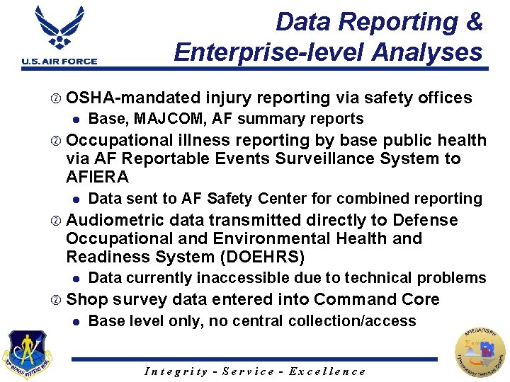 Data Reporting & Enterprise-level Analyses OSHA-mandated l injury reporting via safety offices Base, MAJCOM,