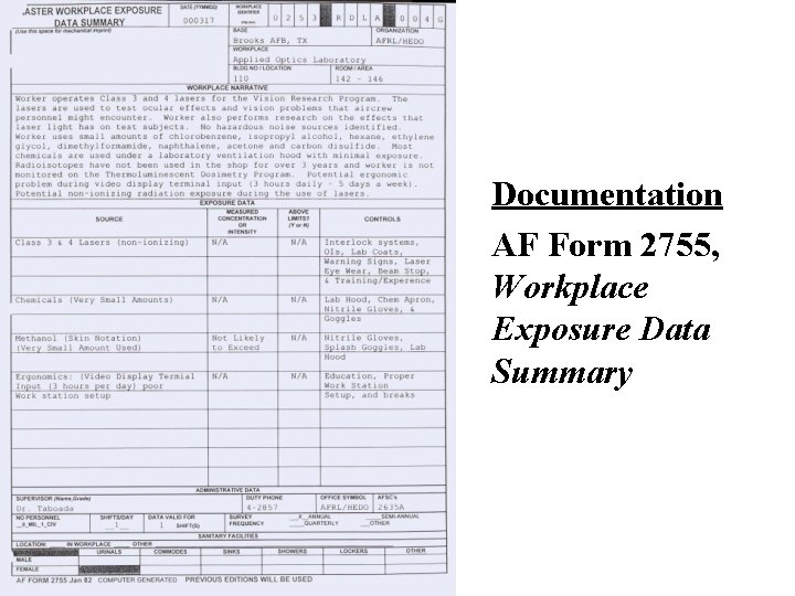 Documentation AF Form 2755, Workplace Exposure Data Summary 