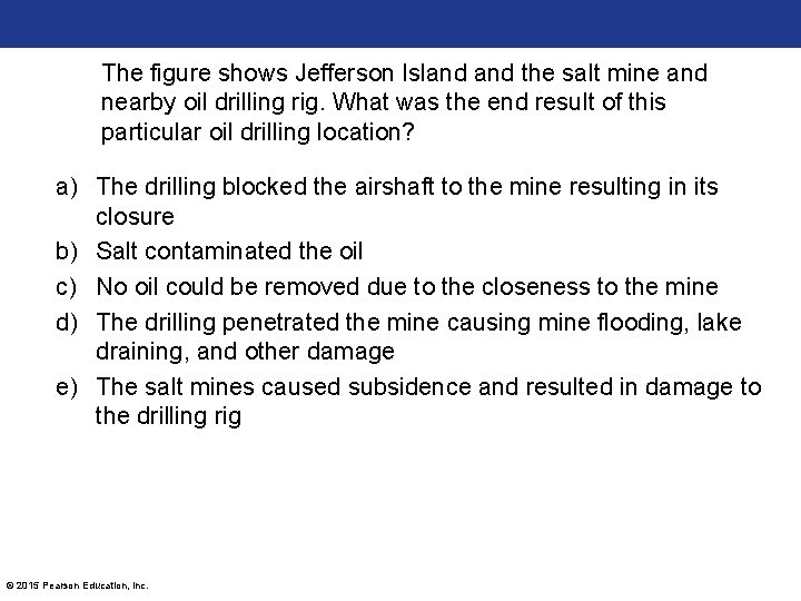 The figure shows Jefferson Island the salt mine and nearby oil drilling rig. What