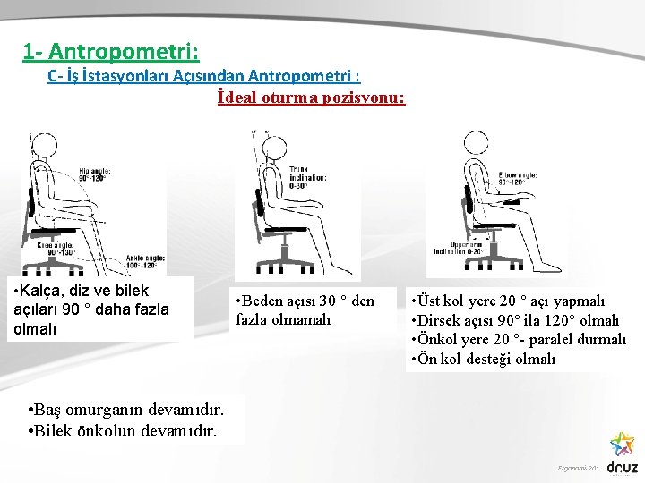1 - Antropometri: C- İş İstasyonları Açısından Antropometri : İdeal oturma pozisyonu: • Kalça,