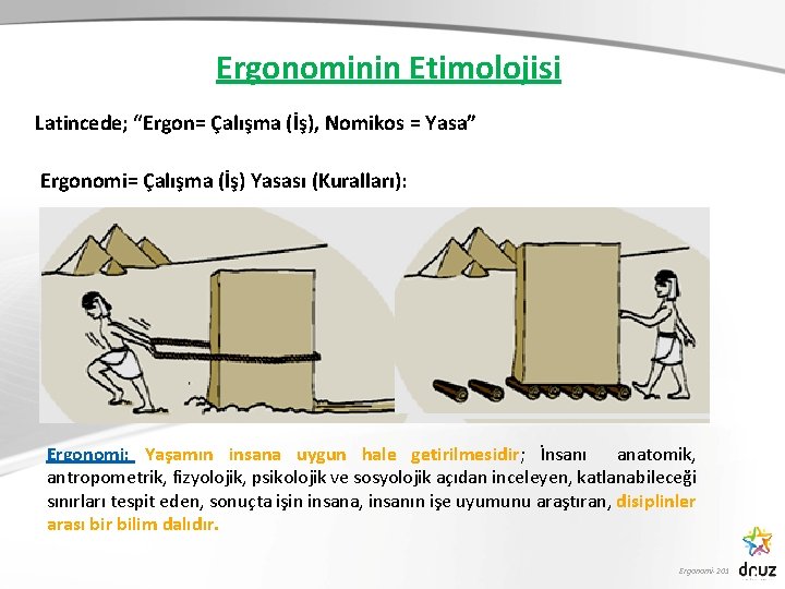 Ergonominin Etimolojisi Latincede; “Ergon= Çalışma (İş), Nomikos = Yasa” Ergonomi= Çalışma (İş) Yasası (Kuralları):