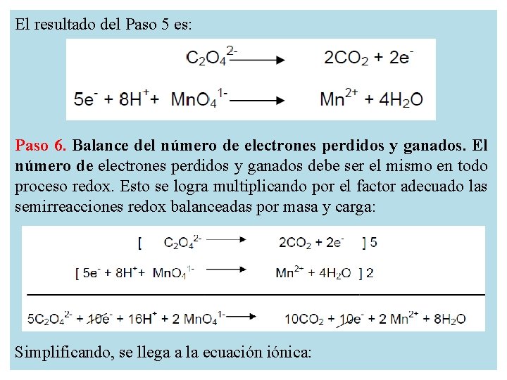 El resultado del Paso 5 es: Paso 6. Balance del número de electrones perdidos