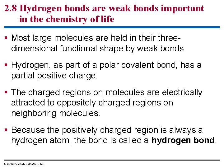 2. 8 Hydrogen bonds are weak bonds important in the chemistry of life §