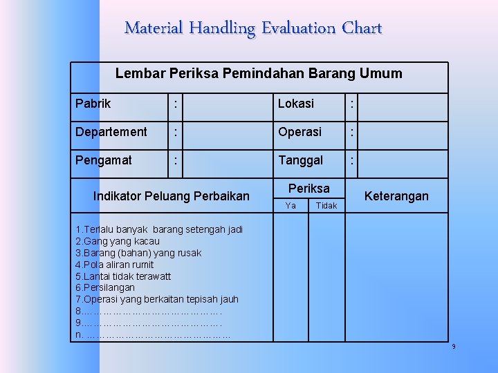 Material Handling Evaluation Chart Lembar Periksa Pemindahan Barang Umum Pabrik : Lokasi : Departement
