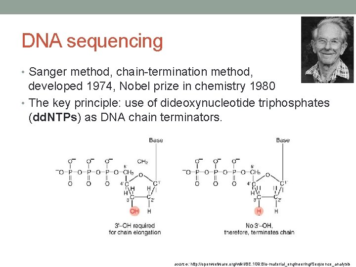 DNA sequencing • Sanger method, chain-termination method, developed 1974, Nobel prize in chemistry 1980