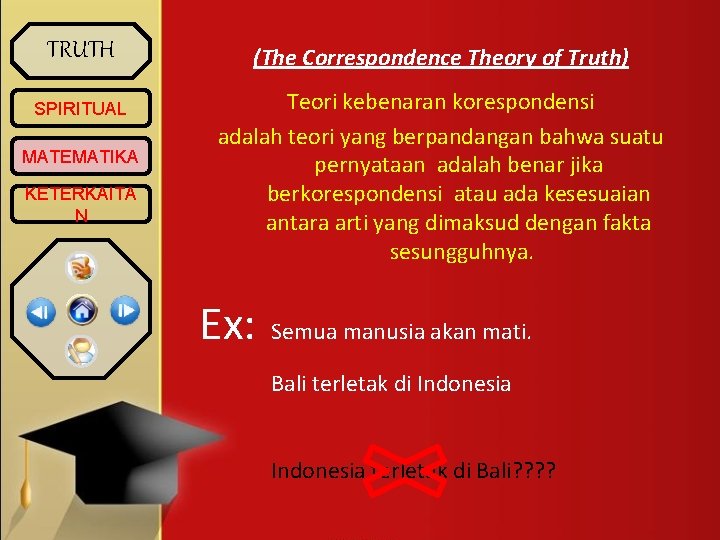 TRUTH SPIRITUAL MATEMATIKA KETERKAITA N (The Correspondence Theory of Truth) Teori kebenaran korespondensi adalah