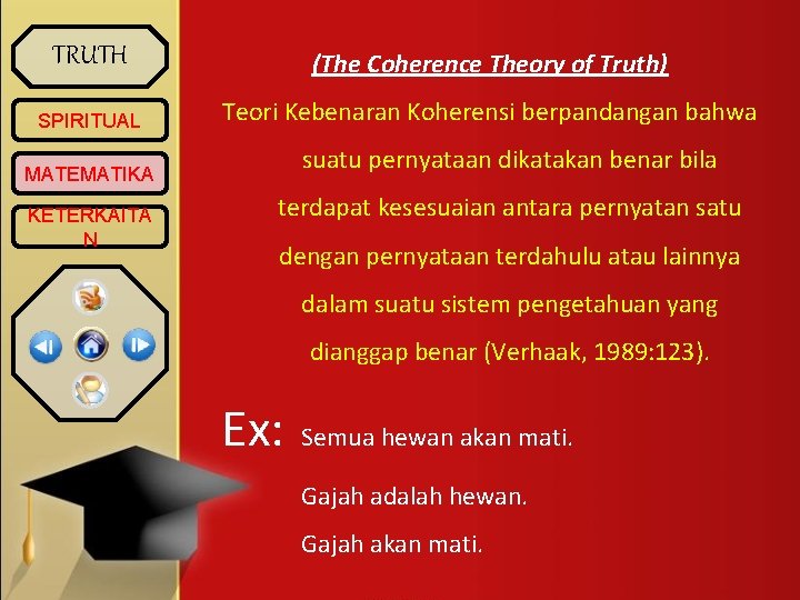 TRUTH (The Coherence Theory of Truth) SPIRITUAL Teori Kebenaran Koherensi berpandangan bahwa suatu pernyataan