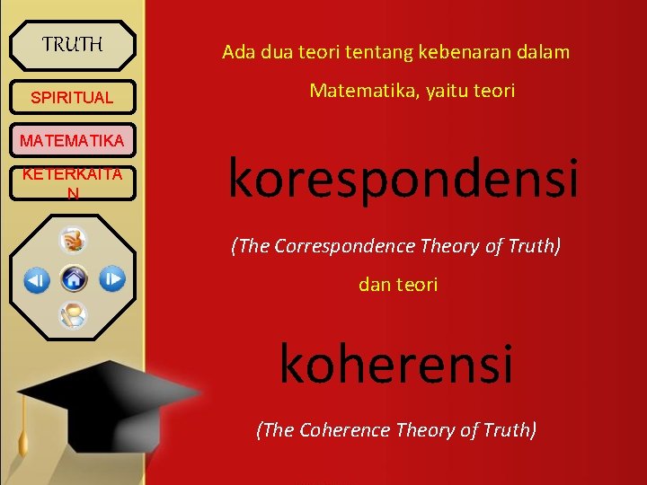 TRUTH SPIRITUAL MATEMATIKA KETERKAITA N Ada dua teori tentang kebenaran dalam Matematika, yaitu teori