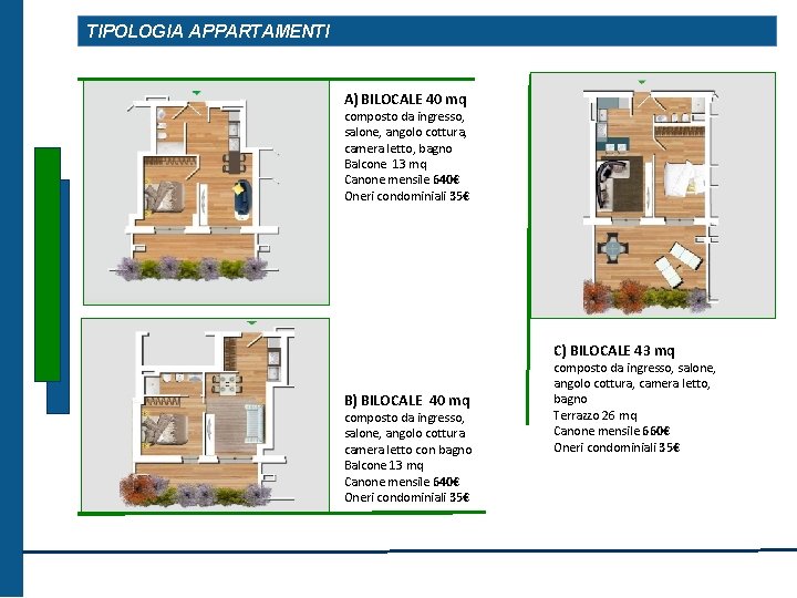 TIPOLOGIA APPARTAMENTI A) BILOCALE 40 mq composto da ingresso, salone, angolo cottura, camera letto,