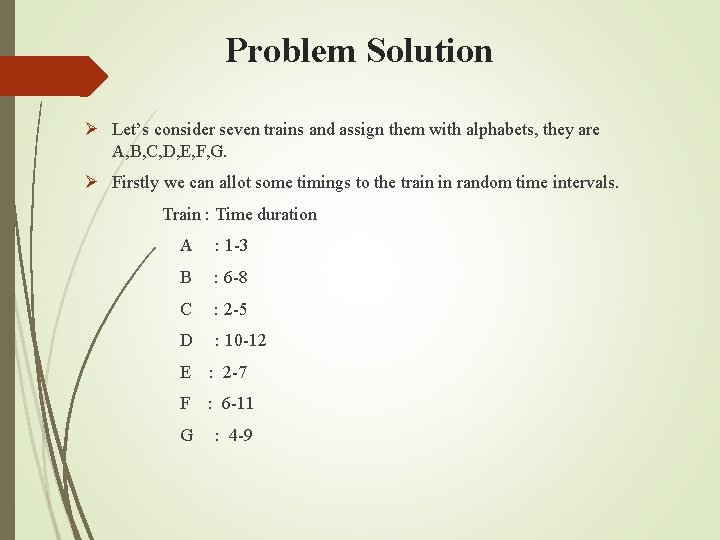 Problem Solution Ø Let’s consider seven trains and assign them with alphabets, they are