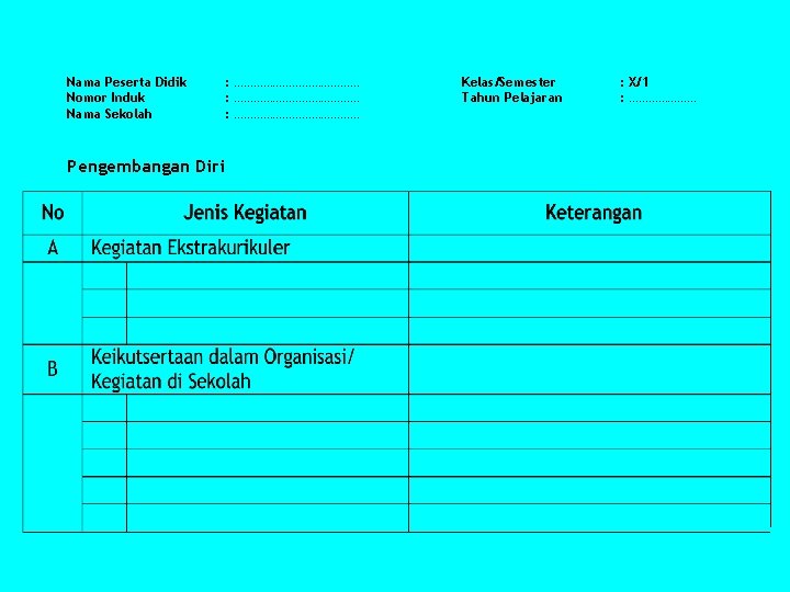 Nama Peserta Didik Nomor Induk Nama Sekolah Pengembangan Diri : ………………………………… : ………………… Kelas/Semester