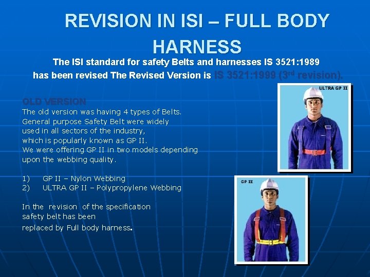 REVISION IN ISI – FULL BODY HARNESS The ISI standard for safety Belts and