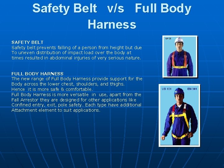 Safety Belt v/s Full Body Harness SAFETY BELT Safety belt prevents falling of a
